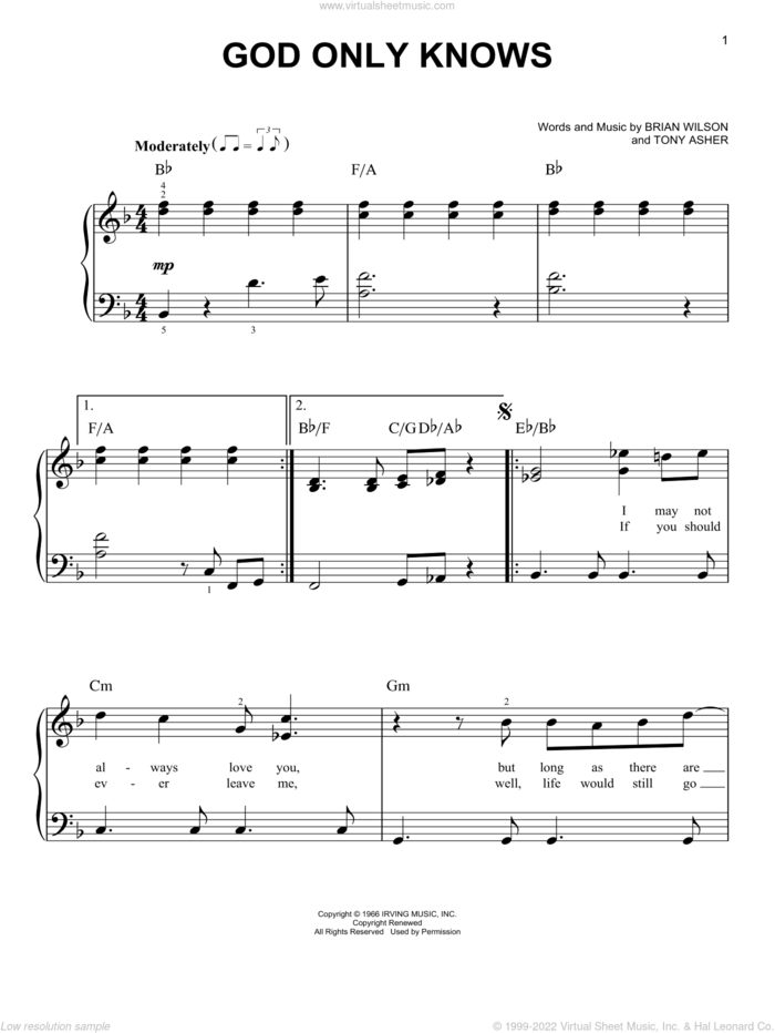 God Only Knows, (easy) sheet music for piano solo by The Beach Boys, Brian Wilson and Tony Asher, easy skill level