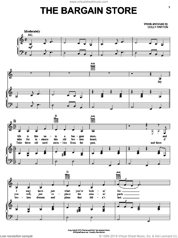 The Bargain Store sheet music for voice, piano or guitar by Dolly Parton, intermediate skill level