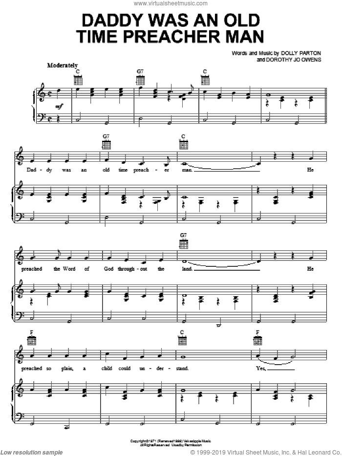 Daddy Was An Old Time Preacher Man sheet music for voice, piano or guitar by Dolly Parton and Dorothy Jo Owens, intermediate skill level