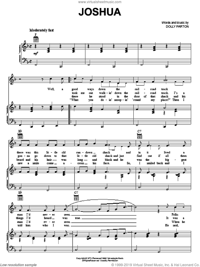 Joshua sheet music for voice, piano or guitar by Dolly Parton, intermediate skill level