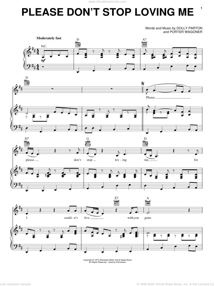 Please Don't Stop Loving Me sheet music for voice, piano or guitar by Dolly Parton and Porter Wagoner, intermediate skill level