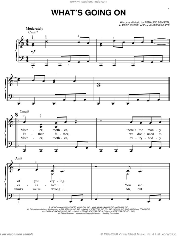 What's Going On sheet music for piano solo by Marvin Gaye, Al Cleveland and Renaldo Benson, easy skill level