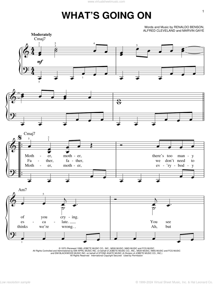 What's Going On sheet music for piano solo by Marvin Gaye, Al Cleveland and Renaldo Benson, easy skill level