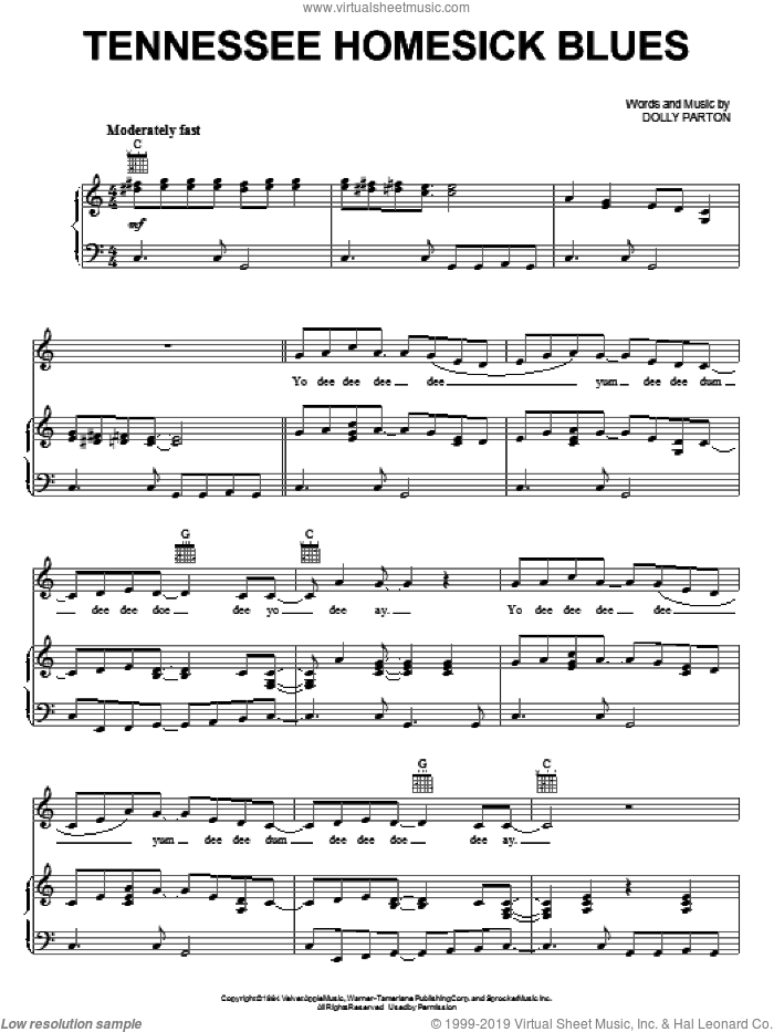 Tennessee Homesick Blues sheet music for voice, piano or guitar by Dolly Parton, intermediate skill level