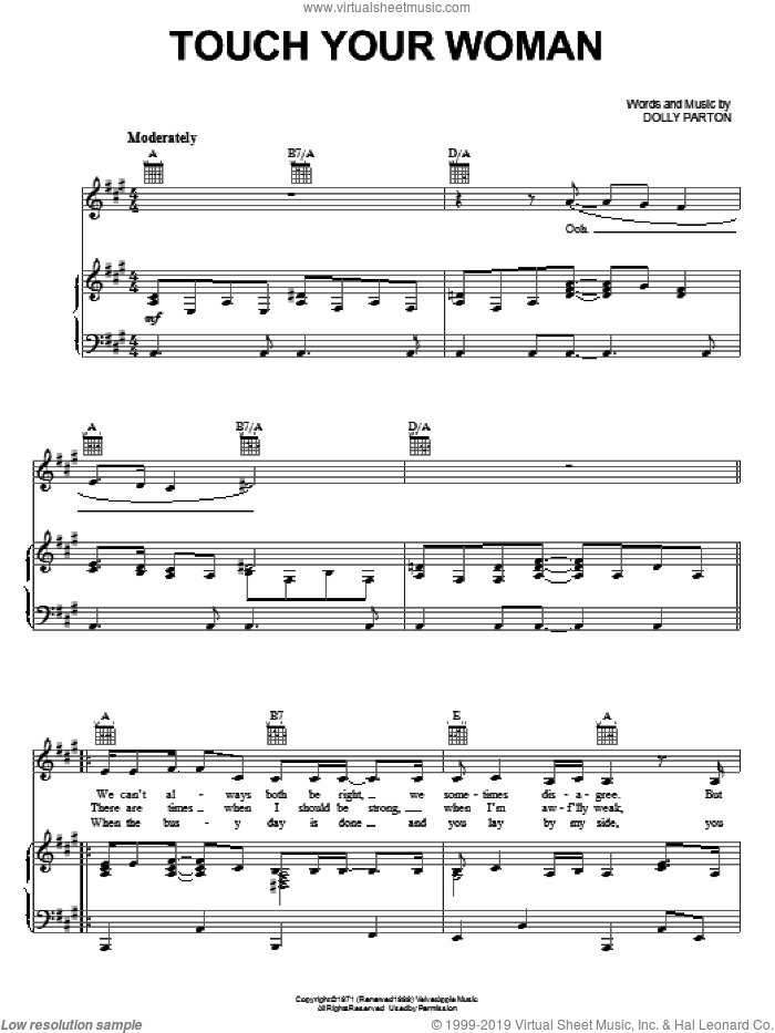 Touch Your Woman sheet music for voice, piano or guitar by Dolly Parton, intermediate skill level