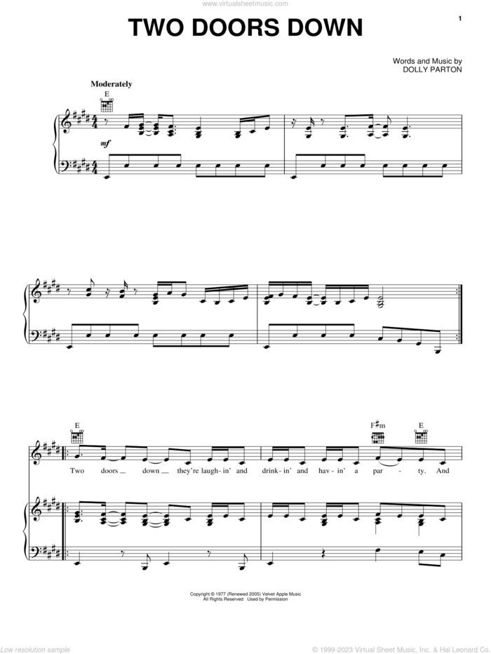 Two Doors Down sheet music for voice, piano or guitar by Dolly Parton, intermediate skill level