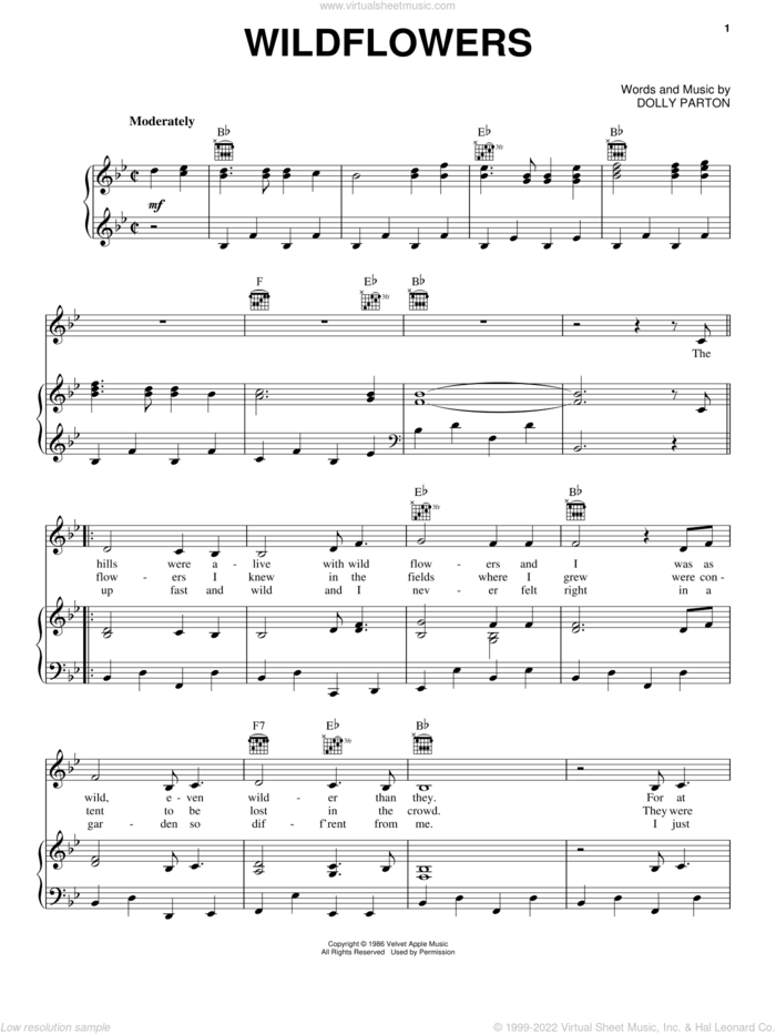 Wildflowers sheet music for voice, piano or guitar by Dolly Parton, intermediate skill level