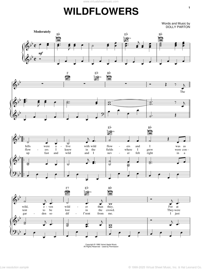 Wildflowers sheet music for voice, piano or guitar by Dolly Parton, intermediate skill level