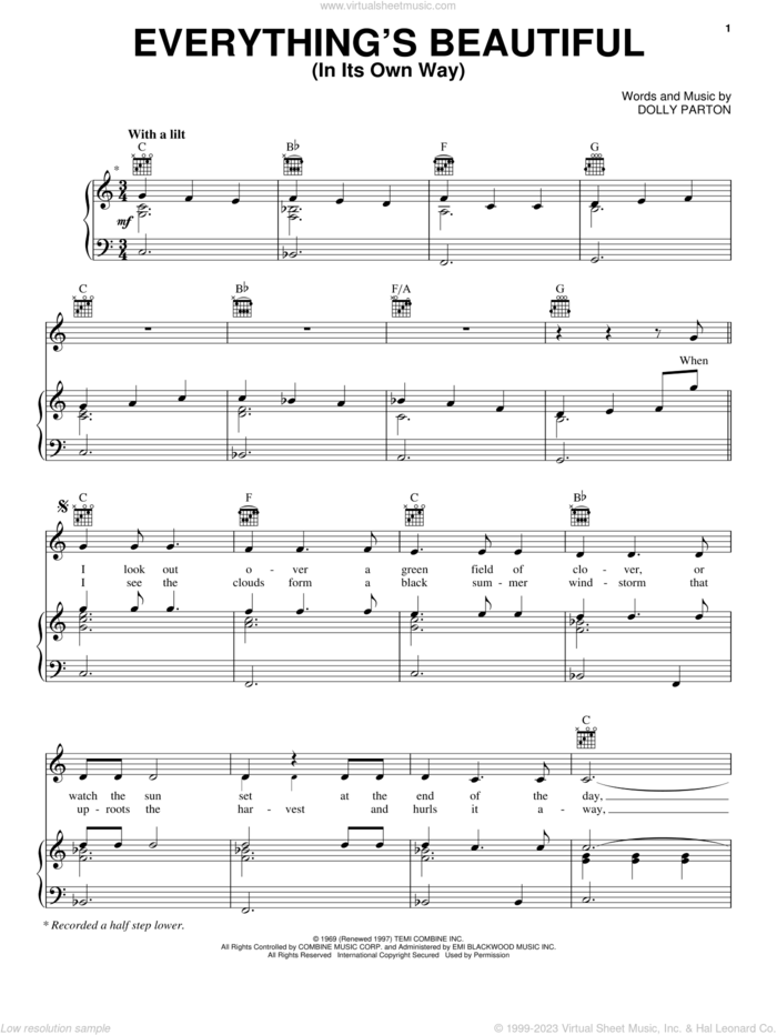 Everything's Beautiful (In Its Own Way) sheet music for voice, piano or guitar by Dolly Parton, intermediate skill level