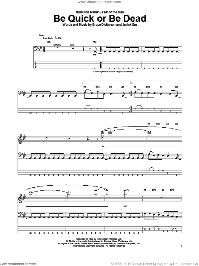 Be Quick Or Be Dead sheet music for bass (tablature) (bass guitar) by Iron Maiden, Bruce Dickinson and Janick Gers, intermediate skill level