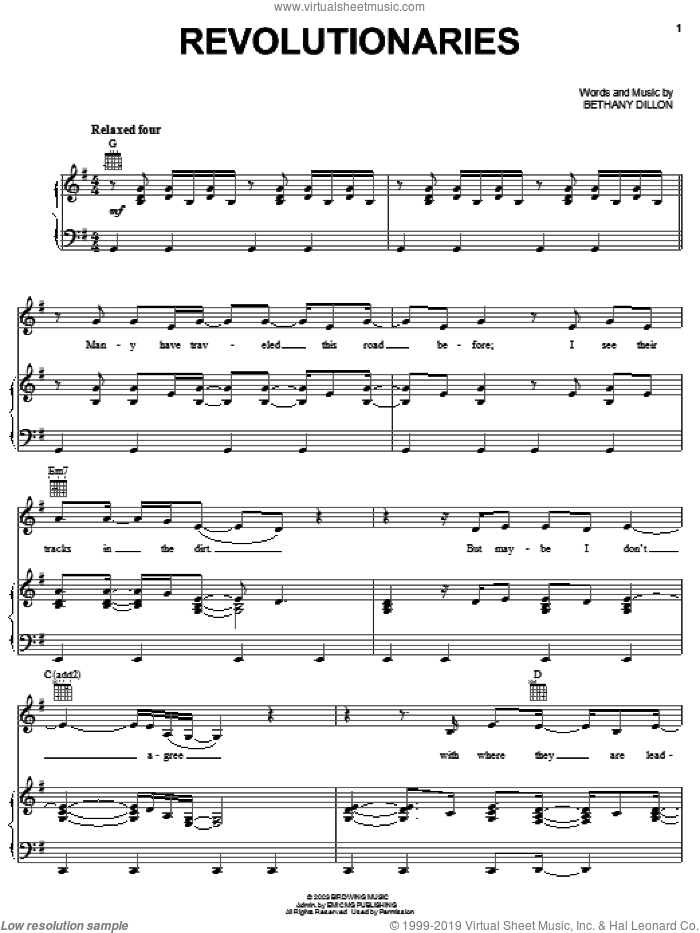 Revolutionaries sheet music for voice, piano or guitar by Bethany Dillon, intermediate skill level