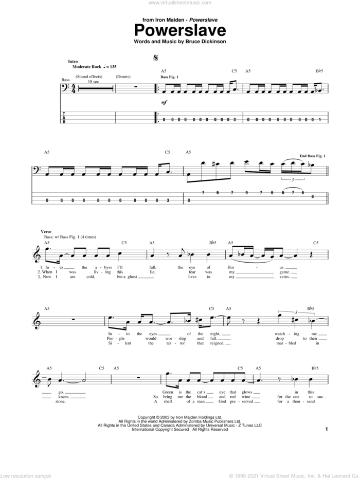 Powerslave sheet music for bass (tablature) (bass guitar) by Iron Maiden and Bruce Dickinson, intermediate skill level