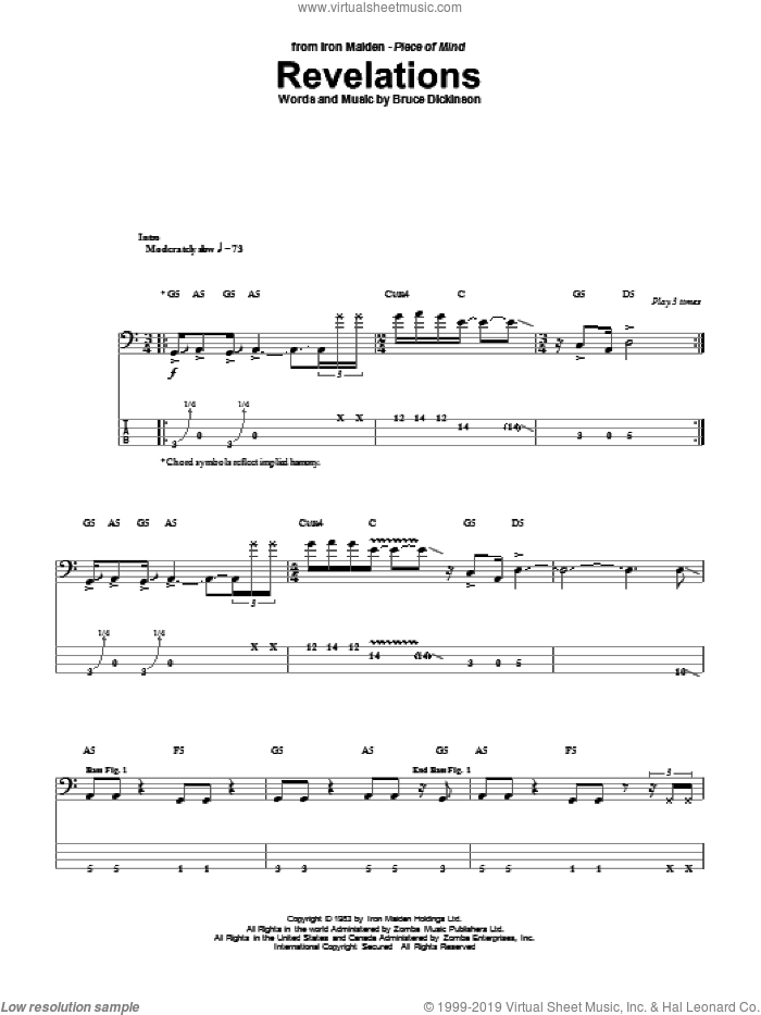 Revelations sheet music for bass (tablature) (bass guitar) by Iron Maiden and Bruce Dickinson, intermediate skill level