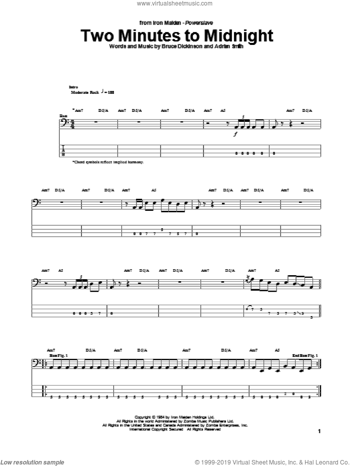 Two Minutes To Midnight sheet music for bass (tablature) (bass guitar) by Iron Maiden, Adrian Smith and Bruce Dickinson, intermediate skill level