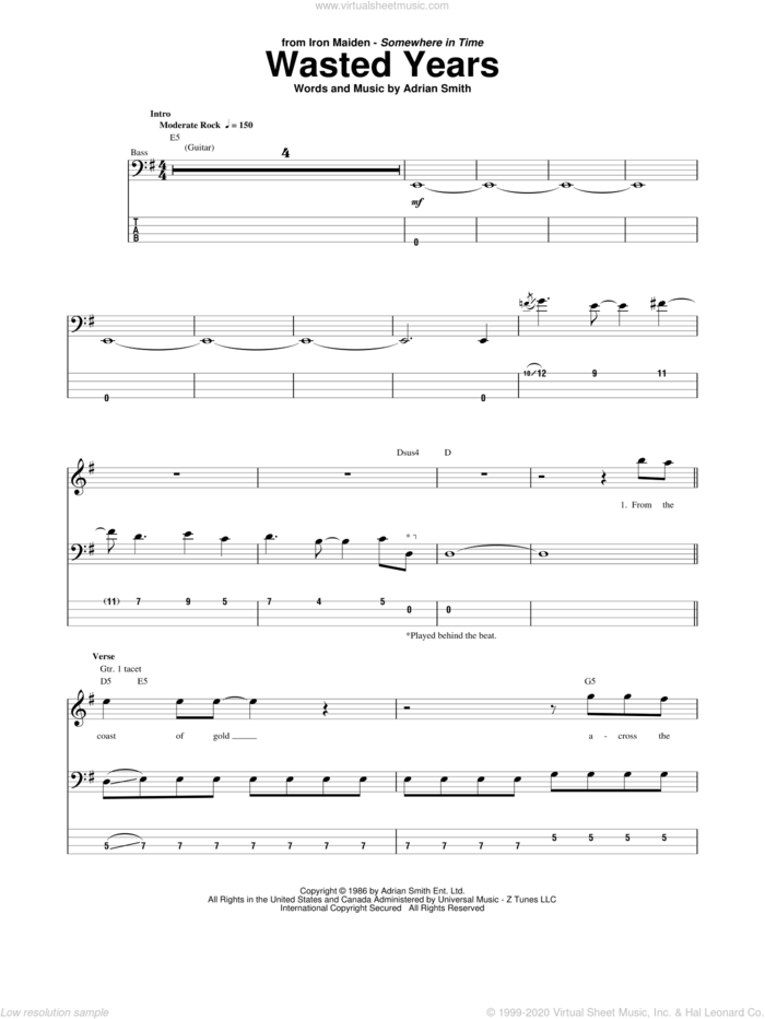 Wasted Years sheet music for bass (tablature) (bass guitar) by Iron Maiden and Adrian Smith, intermediate skill level