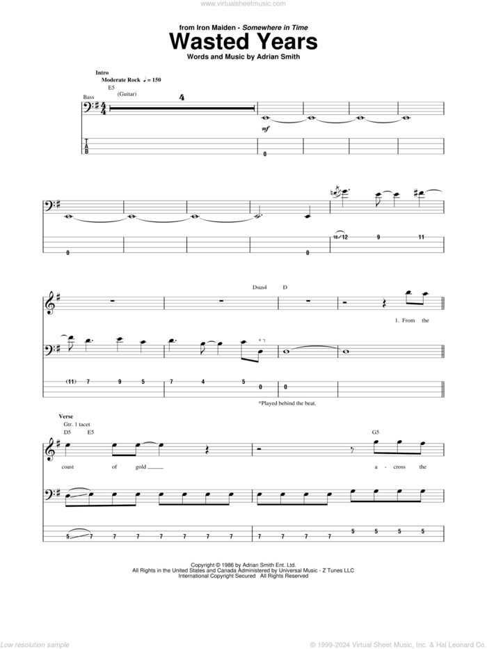 Wasted Years sheet music for bass (tablature) (bass guitar) by Iron Maiden and Adrian Smith, intermediate skill level