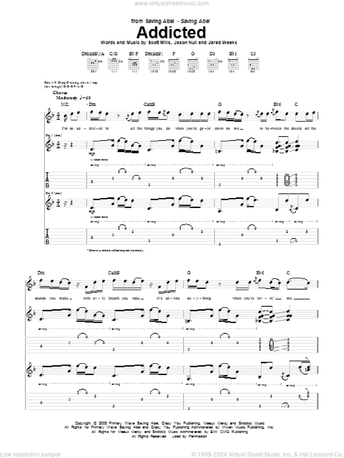 Addicted sheet music for guitar (tablature) by Saving Abel, Jared Weeks, Jason Null and Scott Mills, intermediate skill level
