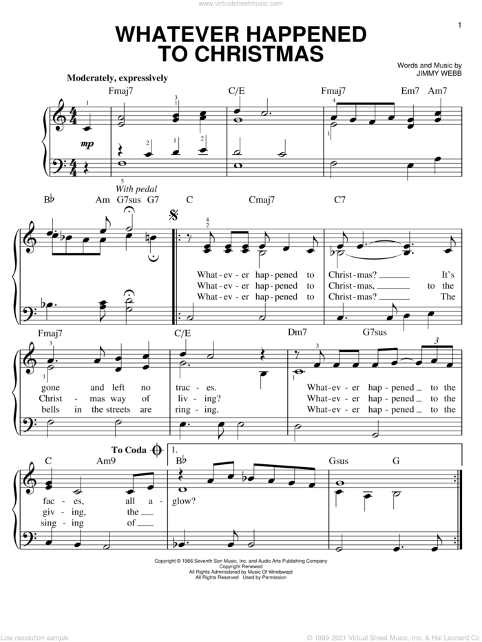 Whatever Happened To Christmas sheet music for piano solo by Frank Sinatra and Jimmy Webb, easy skill level