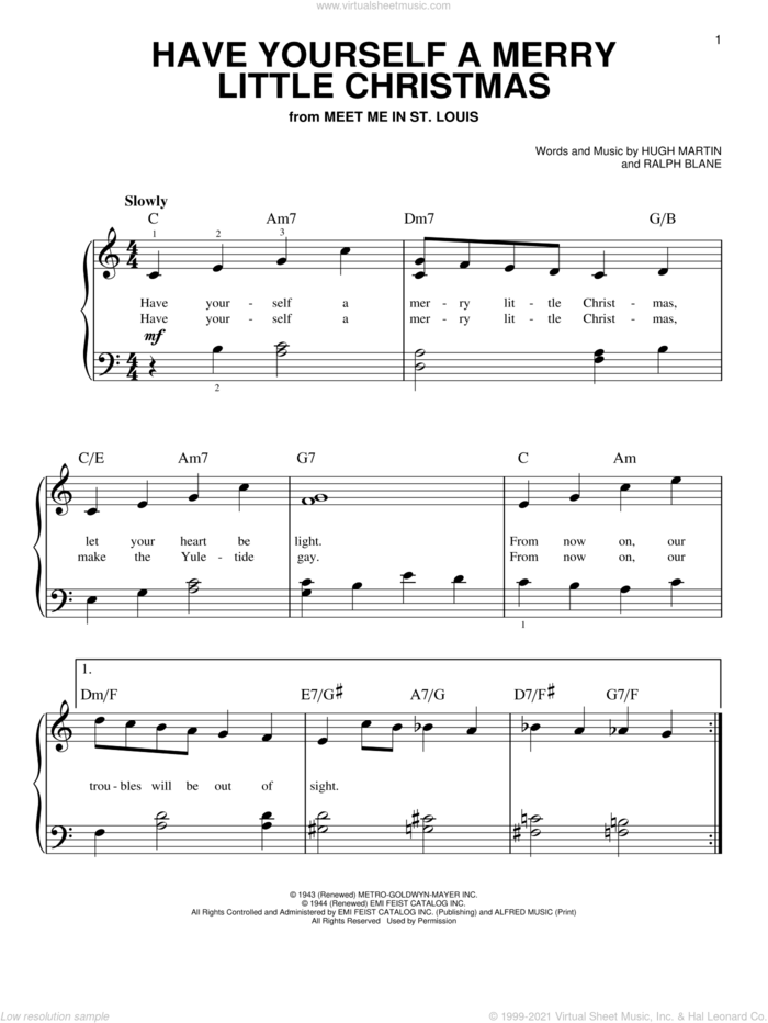 Have Yourself A Merry Little Christmas, (beginner) sheet music for piano solo by Frank Sinatra, Hugh Martin and Ralph Blane, beginner skill level