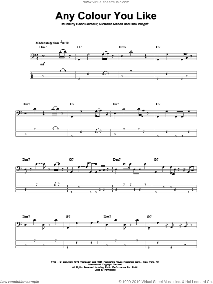 Any Colour You Like sheet music for bass (tablature) (bass guitar) by Pink Floyd, David Gilmour, Nicholas Mason and Richard Wright, intermediate skill level