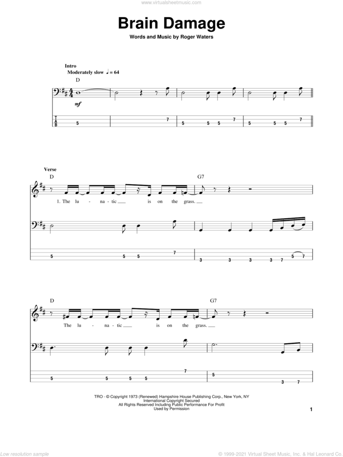 Brain Damage sheet music for bass (tablature) (bass guitar) by Pink Floyd and Roger Waters, intermediate skill level