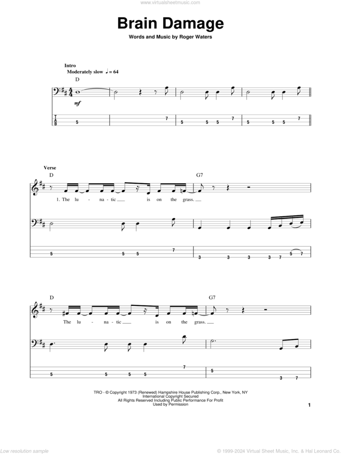 Brain Damage sheet music for bass (tablature) (bass guitar) by Pink Floyd and Roger Waters, intermediate skill level