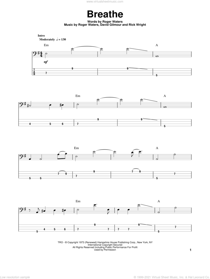 Breathe sheet music for bass (tablature) (bass guitar) by Pink Floyd, David Gilmour, Richard Wright and Roger Waters, intermediate skill level