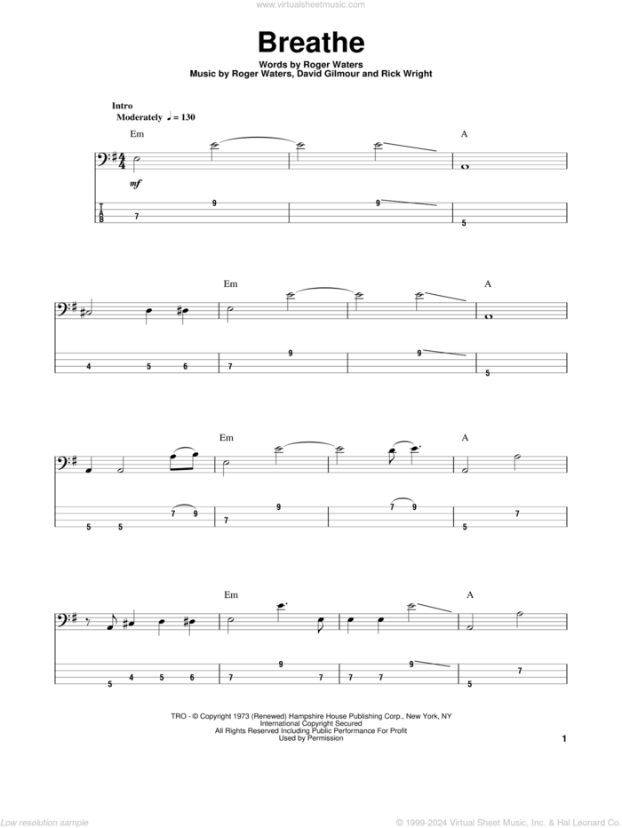 Breathe sheet music for bass (tablature) (bass guitar) by Pink Floyd, David Gilmour, Richard Wright and Roger Waters, intermediate skill level