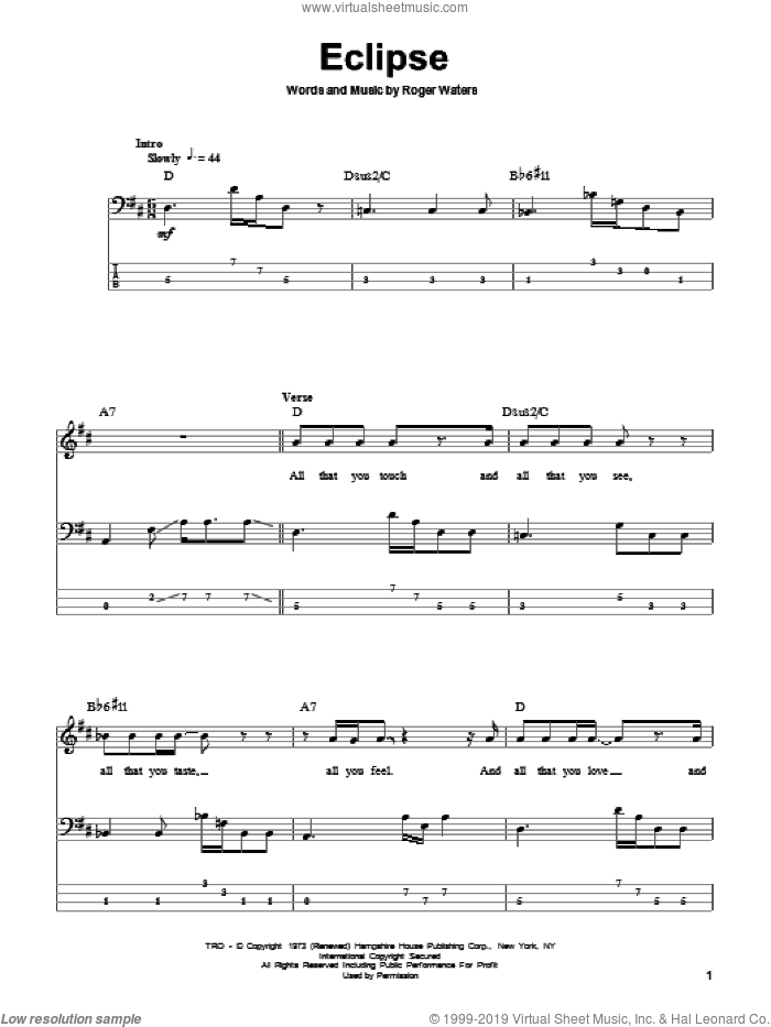 Eclipse sheet music for bass (tablature) (bass guitar) by Pink Floyd and Roger Waters, intermediate skill level