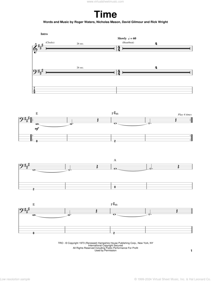 Time sheet music for bass (tablature) (bass guitar) by Pink Floyd, David Gilmour, Nicholas Mason, Richard Wright and Roger Waters, intermediate skill level