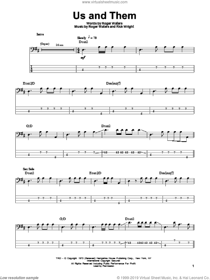 Us And Them sheet music for bass (tablature) (bass guitar) by Pink Floyd, Richard Wright and Roger Waters, intermediate skill level