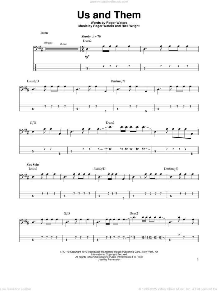 Us And Them sheet music for bass (tablature) (bass guitar) by Pink Floyd, Richard Wright and Roger Waters, intermediate skill level