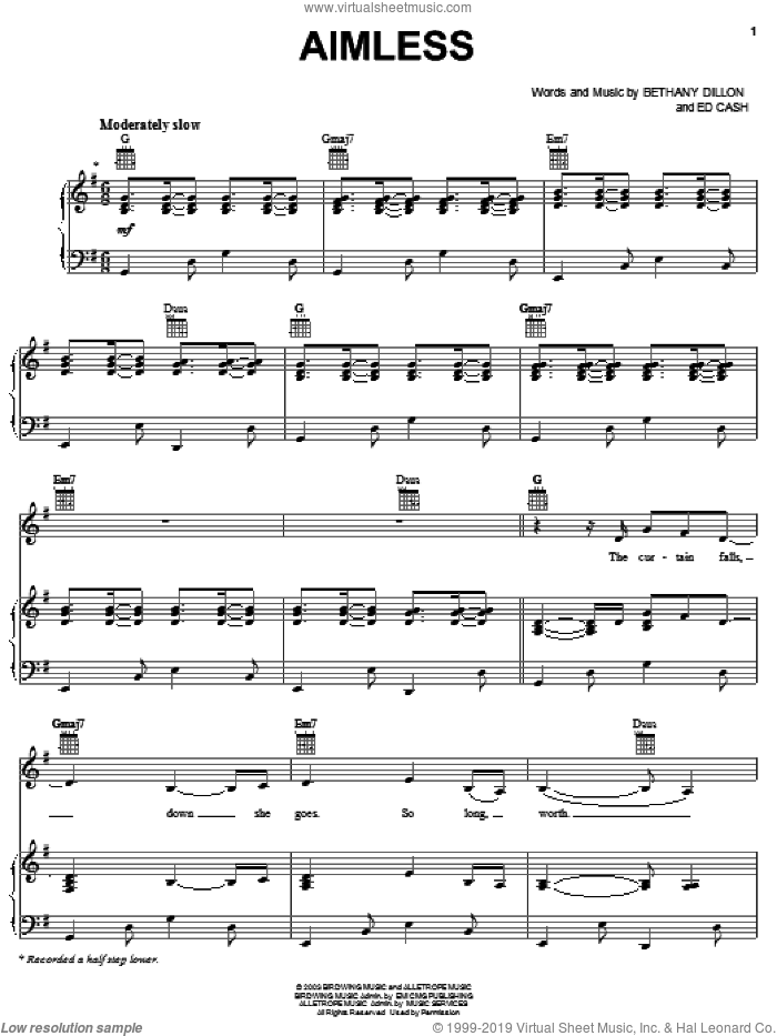 Aimless sheet music for voice, piano or guitar by Bethany Dillon and Ed Cash, intermediate skill level