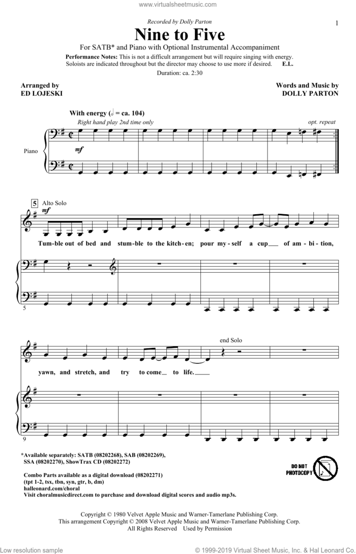 Nine To Five (arr. Ed Lojeski) sheet music for choir (SATB: soprano, alto, tenor, bass) by Dolly Parton and Ed Lojeski, intermediate skill level
