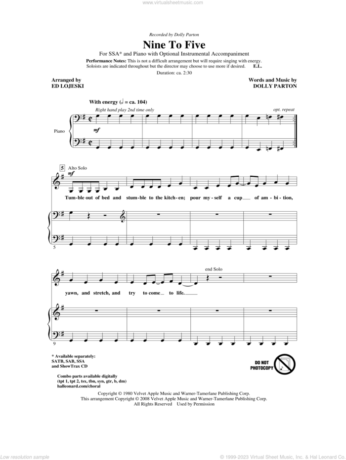 Nine To Five (arr. Ed Lojeski) sheet music for choir (SSA: soprano, alto) by Dolly Parton and Ed Lojeski, intermediate skill level