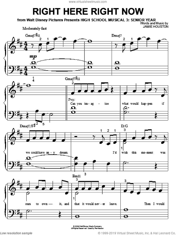 Right Here Right Now sheet music for piano solo (big note book) by High School Musical 3 and Jamie Houston, easy piano (big note book)