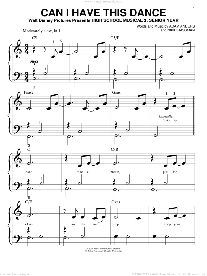 Can I Have This Dance sheet music for piano solo (big note book) by High School Musical 3, Adam Anders and Nikki Hassman, easy piano (big note book)