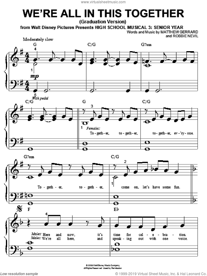 We're All In This Together (Graduation Version) (from High School Musical 3: Senior Year) sheet music for piano solo (big note book) by High School Musical 3 Cast, High School Musical 3, Matthew Gerrard and Robbie Nevil, easy piano (big note book)