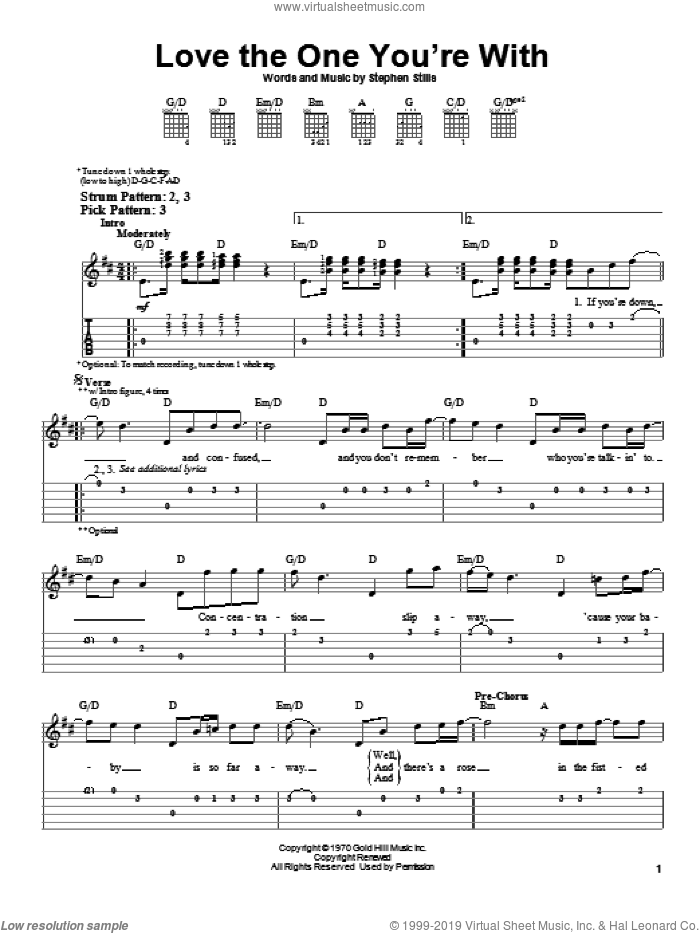 Love The One You're With sheet music for guitar solo (easy tablature) by Crosby, Stills & Nash, The Isley Brothers and Stephen Stills, easy guitar (easy tablature)