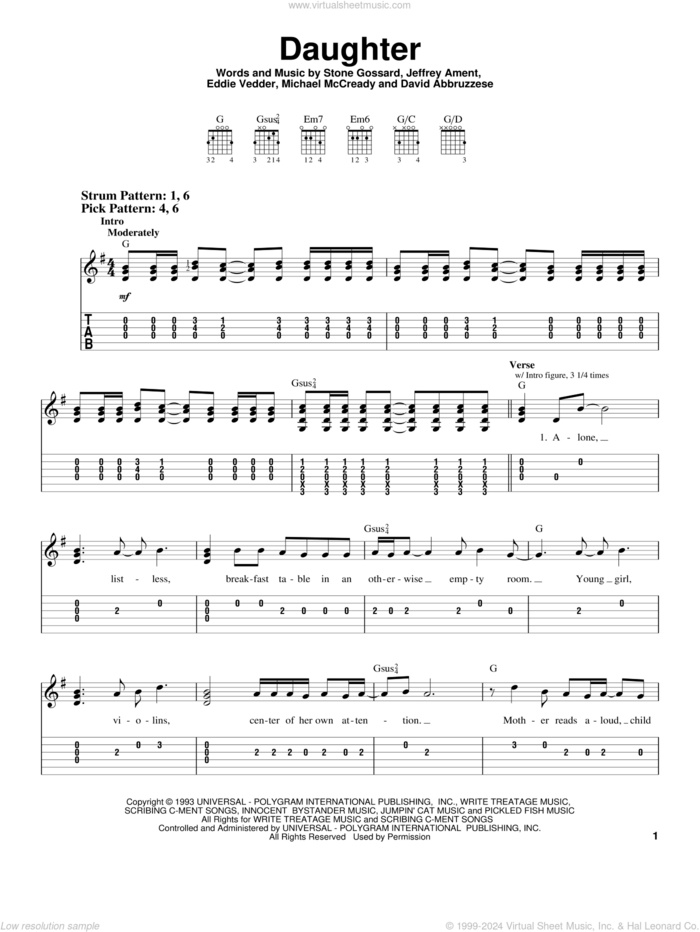 Daughter sheet music for guitar solo (easy tablature) by Pearl Jam, David Abbruzzese, Eddie Vedder, Jeffrey Ament, Michael McCready and Stone Gossard, easy guitar (easy tablature)