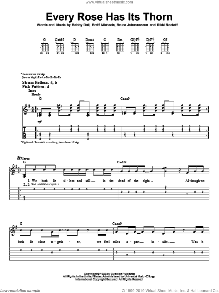 Every Rose Has Its Thorn, (easy) sheet music for guitar solo (easy tablature) by Poison, Bobby Dall, Brett Michaels, Bruce Anthony Johannesson and Rikki Rockett, easy guitar (easy tablature)