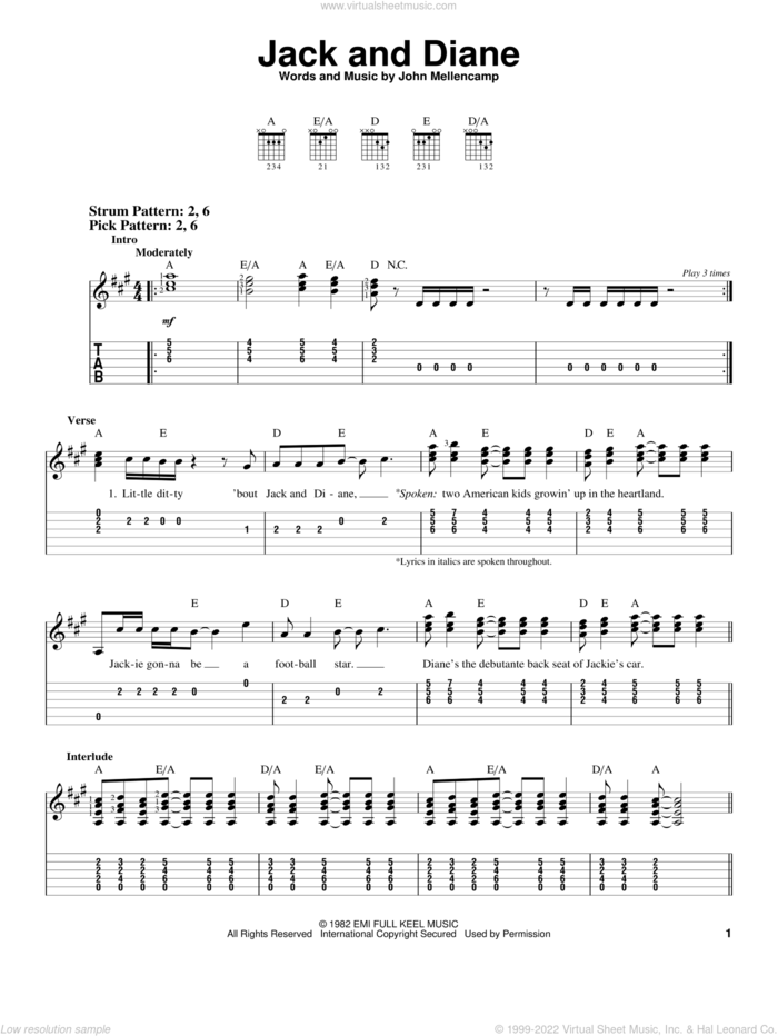Jack And Diane sheet music for guitar solo (easy tablature) by John Mellencamp, easy guitar (easy tablature)