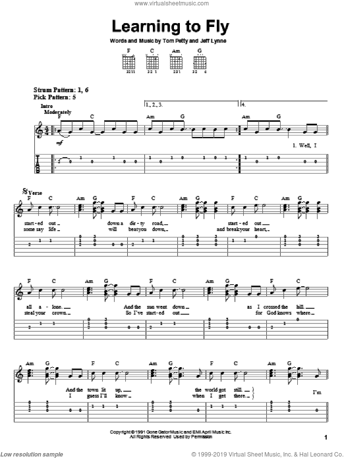 Learning To Fly sheet music for guitar solo (easy tablature) by Tom Petty And The Heartbreakers, Jeff Lynne and Tom Petty, easy guitar (easy tablature)