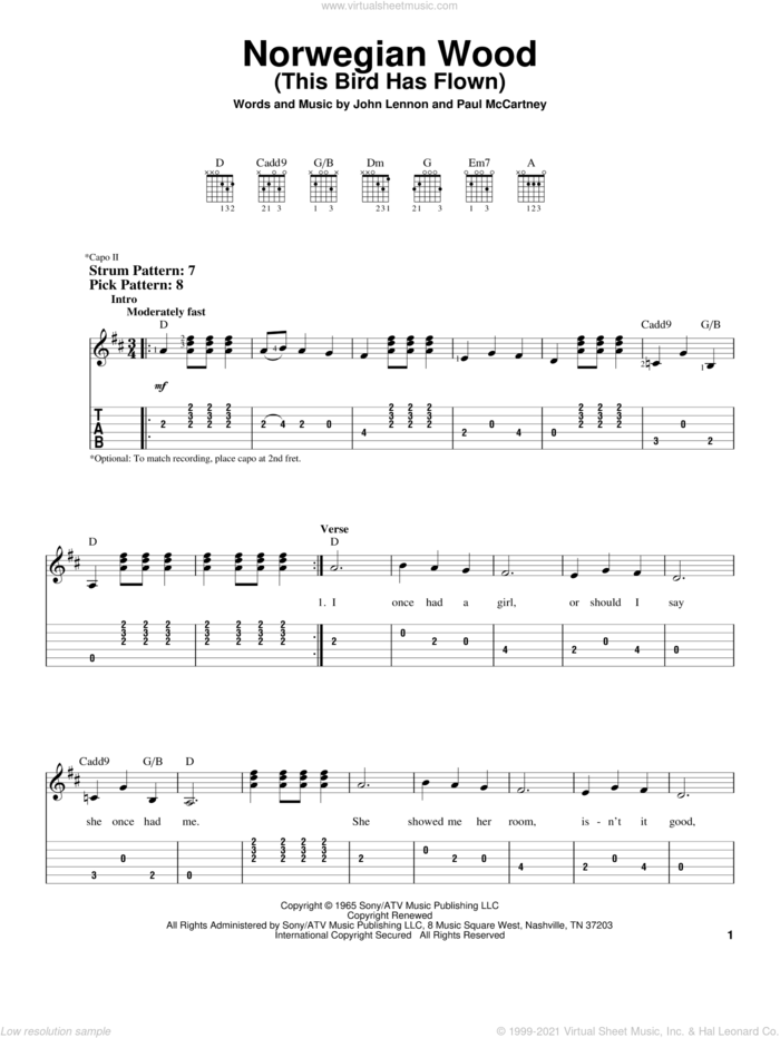 Norwegian Wood (This Bird Has Flown) sheet music for guitar solo (easy tablature) by The Beatles, John Lennon and Paul McCartney, easy guitar (easy tablature)