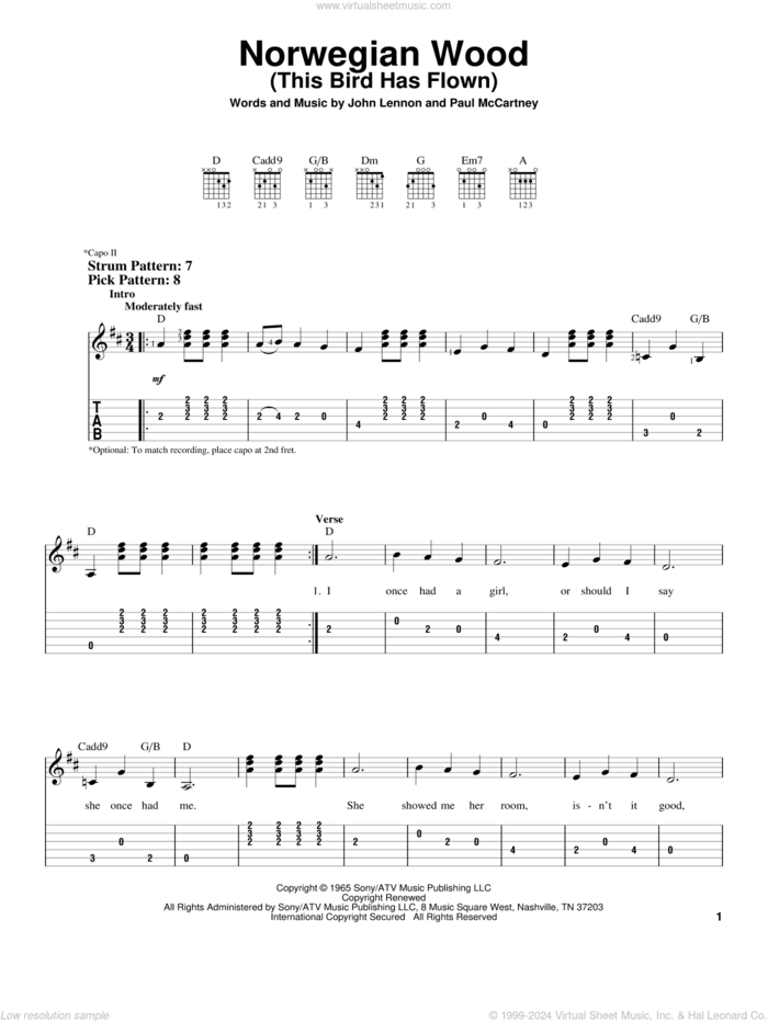 Norwegian Wood (This Bird Has Flown) sheet music for guitar solo (easy tablature) by The Beatles, John Lennon and Paul McCartney, easy guitar (easy tablature)