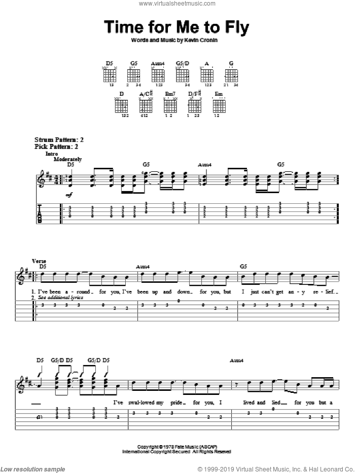 Time For Me To Fly sheet music for guitar solo (easy tablature) by REO Speedwagon and Kevin Cronin, easy guitar (easy tablature)