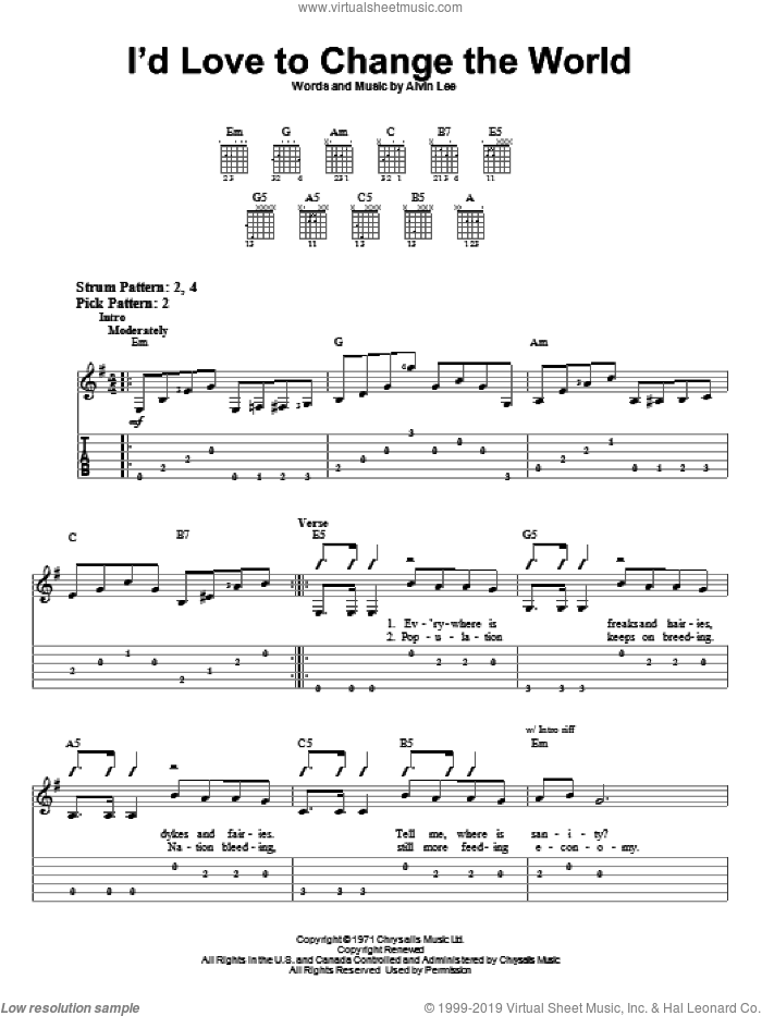 I'd Love To Change The World sheet music for guitar solo (easy tablature) by Ten Years After and Alvin Lee, easy guitar (easy tablature)