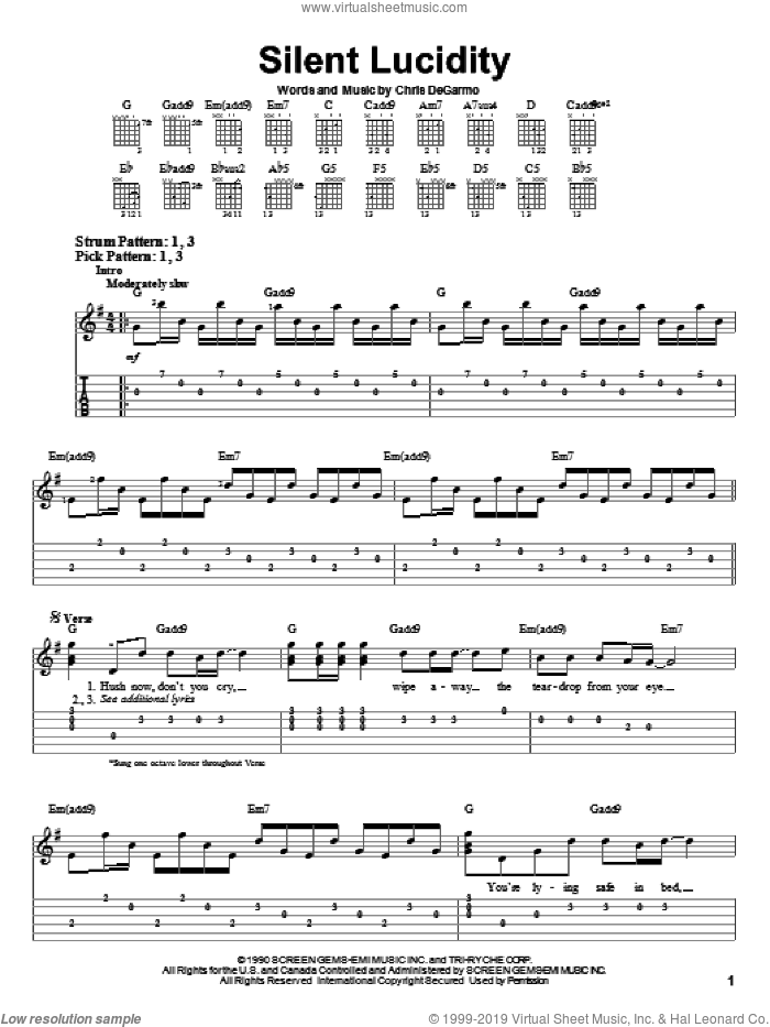 Silent Lucidity sheet music for guitar solo (easy tablature) by Queensryche and Chris DeGarmo, easy guitar (easy tablature)