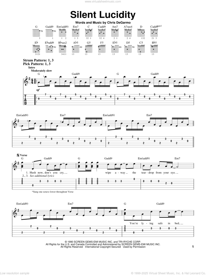 Silent Lucidity sheet music for guitar solo (easy tablature) by Queensryche and Chris DeGarmo, easy guitar (easy tablature)