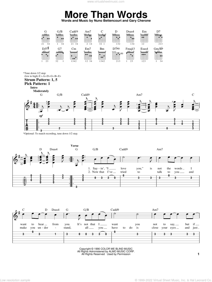 More Than Words sheet music for guitar solo (easy tablature) by Extreme, Gary Cherone and Nuno Bettencourt, wedding score, easy guitar (easy tablature)